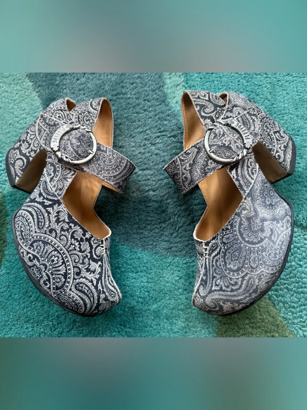 Fluevog Prepare Guide dark gray paisley suede platform slingback -7.5 (fits 7)